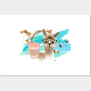 Alpaca with glasses and coffee Posters and Art